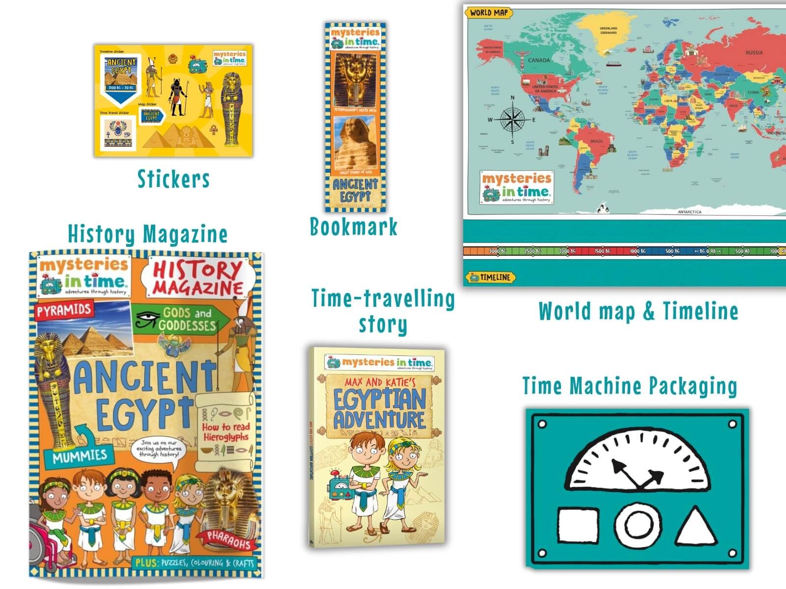 Ancient Egypt activity pack contents showing educational materials for kids